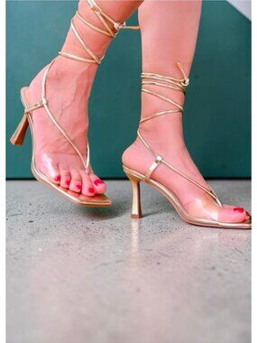 Gold Strappy Lace-Up Heeled Sandals With Clear Toe Strap For Women